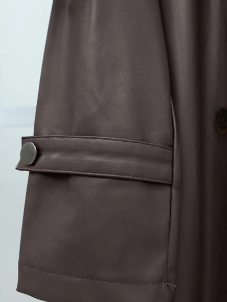Kemerli Yan Cepli Deri Trenckot -Kahve - Resim 3