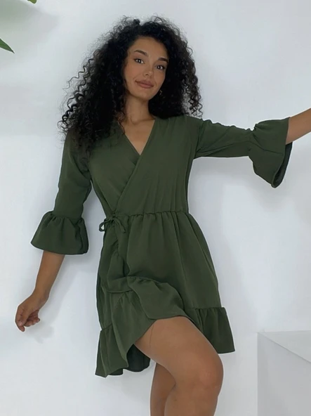 Eteği Ve Kolları Fırfırlı Beli Lastikli Ayrobin Elbise -Haki - Resim 3