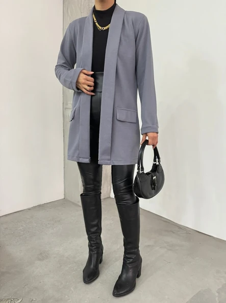 Yakası Ve Kolu Katlamalı Cep Detaylı Krep  Ceket -Gri - Resim 3