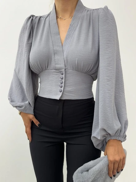 Düğmeli Arkası Lastikli Balon Kol Sandy Crop    -Gri - Resim 6