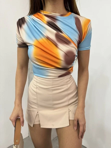 Bel Omuz Büzgülü Batik Baskı Sendy Bluz -Kayısı Rengi - Resim 2