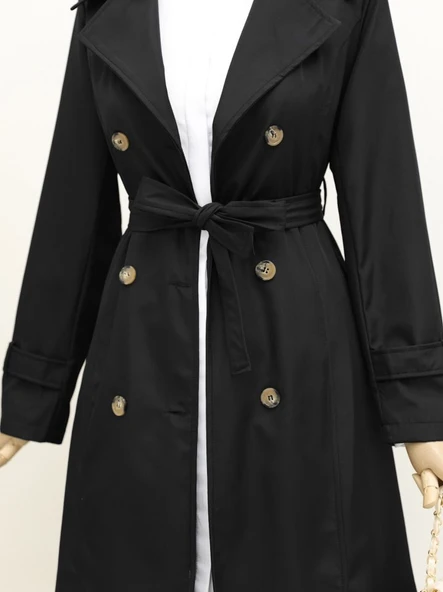 Astarlı Kemerli Trenckot -Siyah - Resim 3