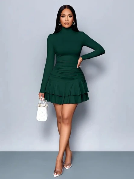 Kadın Uzun Kollu Balıkçı Yaka Mini Fırfırlı Sandy Elbise ürün görseli 1