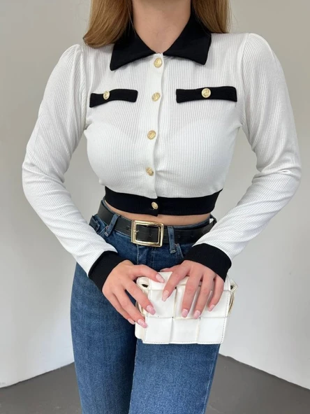 Düğmeli Cep Detaylı Crop Hırka -Beyaz - Resim 2