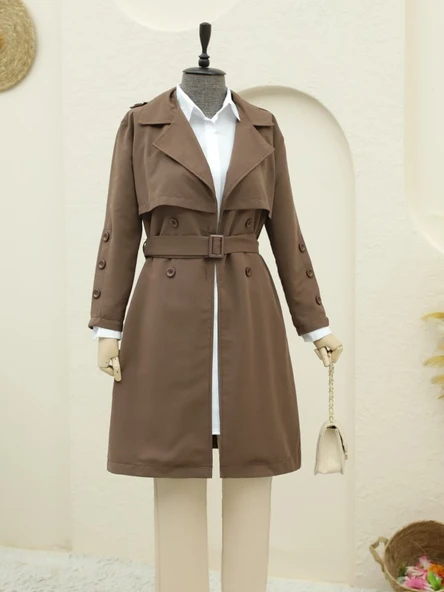 İç Astarlı Düğmeli Kemerli Trençkot  -Kahve ürün görseli 1