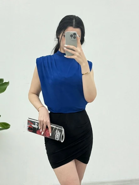 Sıfır Kol Vatkalı Sandy Bluz -Saks - Resim 4