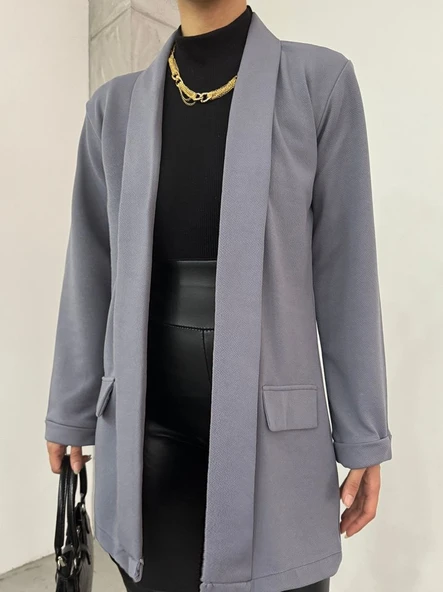 Yakası Ve Kolu Katlamalı Cep Detaylı Krep  Ceket -Gri - Resim 4