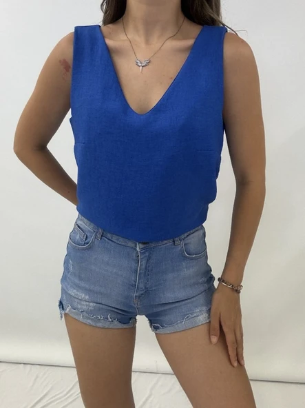 V Yaka Sıfır Kol  Keten Bluz  -Saks - Resim 3