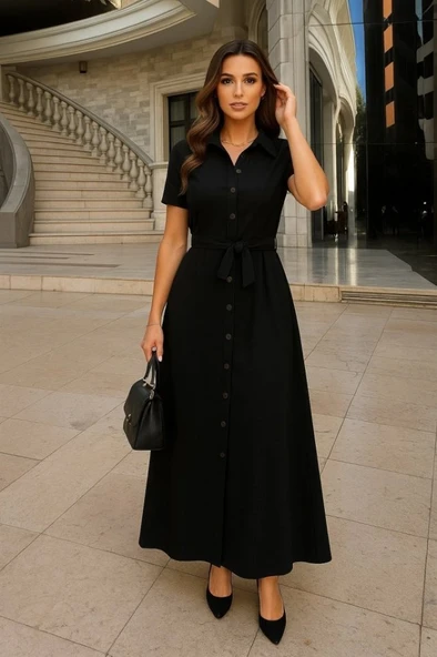 Kadın Kısa Kollu Yakalı önden Düğmeli Beli Kuşaklı Ithal Keten Elbise ürün görseli 1