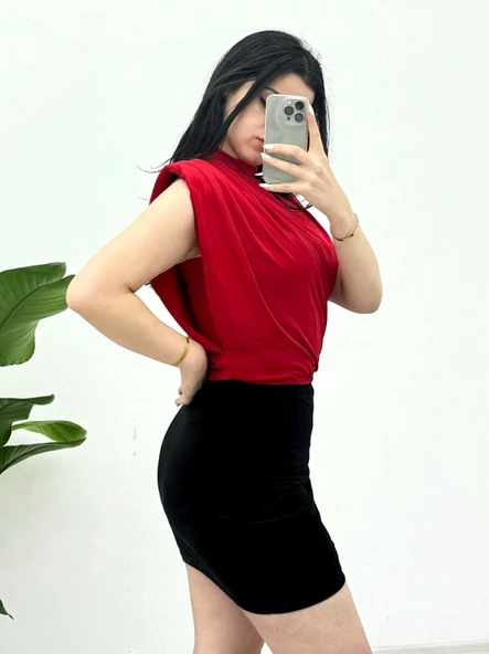 Sıfır Kol Vatkalı Sandy Bluz -Kırmızı - Resim 2