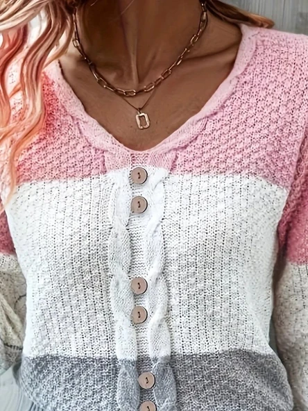 Kadın Uzun Kollu V Yakalı önden Düğmeli çok Renkli Bluz - Resim 3