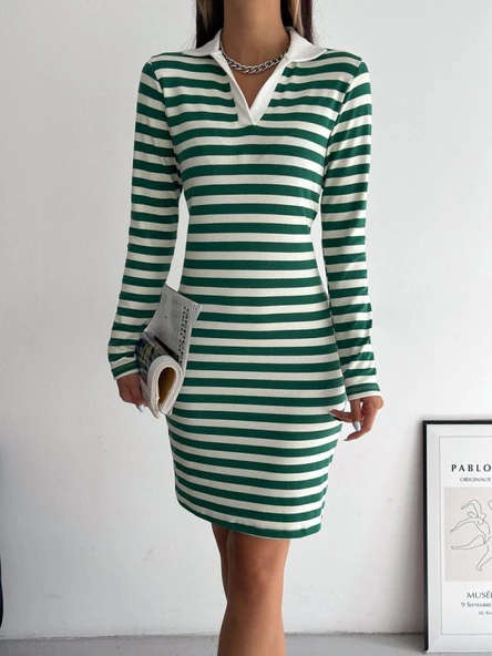 Yakalı Çizgili Uzun Kol Elbise -Yeşil - Resim 2