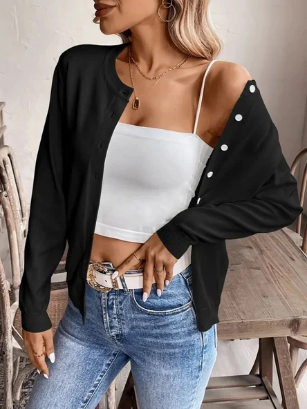 Kadın Uzun Kollu önden Düğmeli Triko Ceket - Resim 4