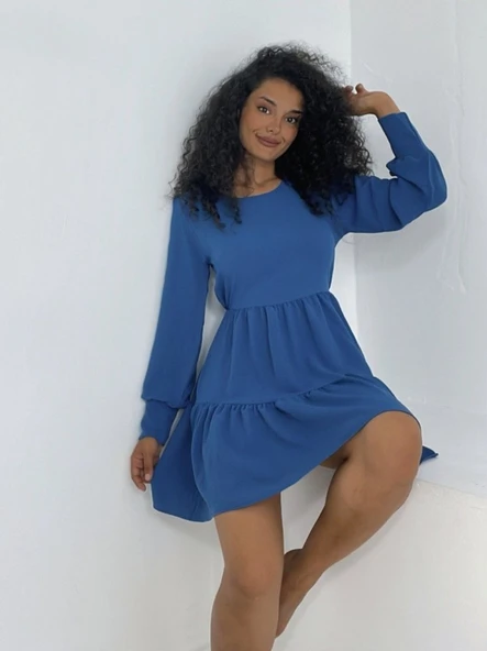 Yuvarlak Yaka Beli Lastikli Eteği Katlı Ayrobin Elbise -İndigo ürün görseli 1