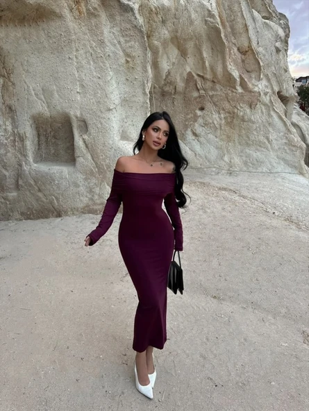 Kadın Uzun Kollu Madonna Yaka Midi Boy Elbise ürün görseli 1