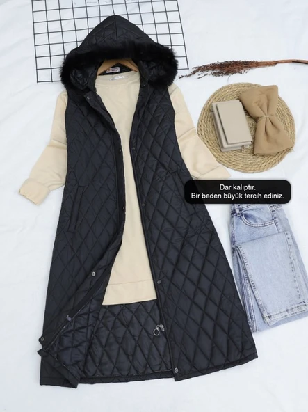 Çıkma Kapşonlu Kapitone Uzun Yelek -Siyah ürün görseli 1