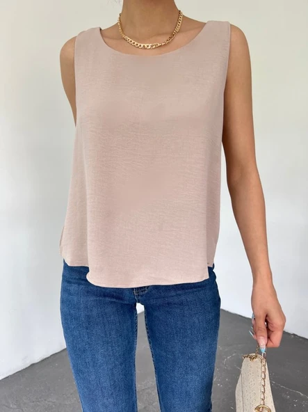 Sıfır Kollu Ayrobin Bluz  -Açık Vizon ürün görseli 1