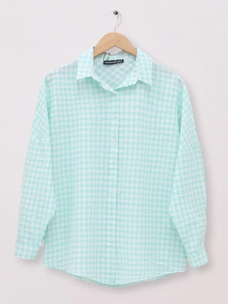 Boydan Düğmeli Gofre Gömlek -Su Yeşili ürün görseli 1