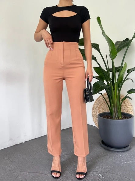 Yüksek Bel Cep Detaylı Fermuarlı Pantolon  -Tarçın - Resim 3