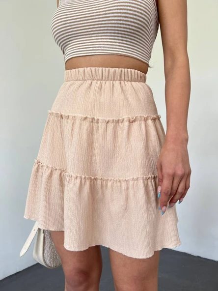 Parça Kumaş Beli Lastikli Şortlu Etek -Bej ürün görseli 1