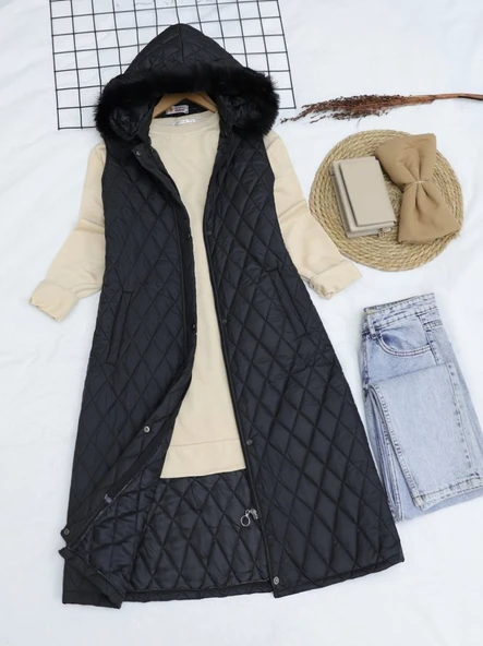 Çıkma Kapşonlu Kapitone Uzun Yelek -Siyah - Resim 2