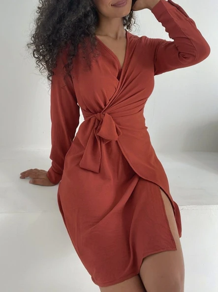 Kruvaze Yaka Bağlamalı Fırfırlı Ayrobin Elbise  -Kiremit - Resim 2