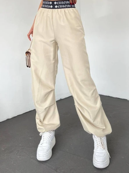 Beli Bantlı Paçası Lastikli Pantolon -Bej - Resim 2