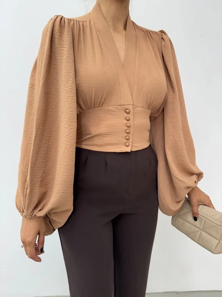 Düğmeli Arkası Lastikli Balon Kol Sandy Crop     -Vizon - Resim 8