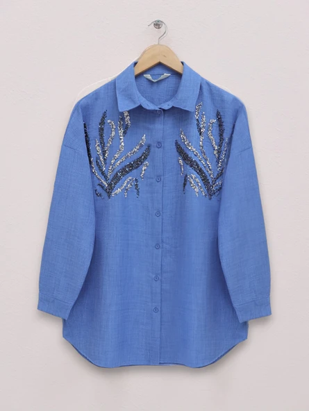 Önü Pul Payetli Uzun Gömlek  -İndigo ürün görseli 1