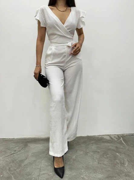 Fermuar Detaylı Fırfırlı Tulum   -Beyaz - Resim 2