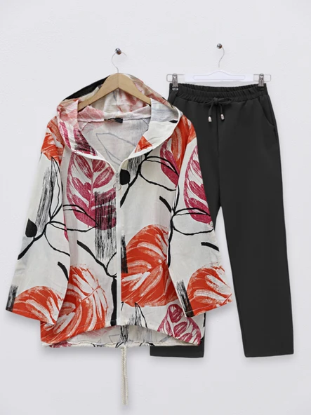 Desenli Fermuarlı Sabit Kapşonlu Keten Ceket -Turuncu - Resim 5