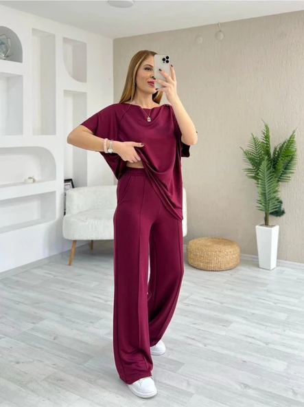 Kadın Kısa Kollu Kayık Yakalı Dikiş Izi Detaylı Viskon Iki Iplik Bluz Ve Pantolon Ikili Takım - Resim 2