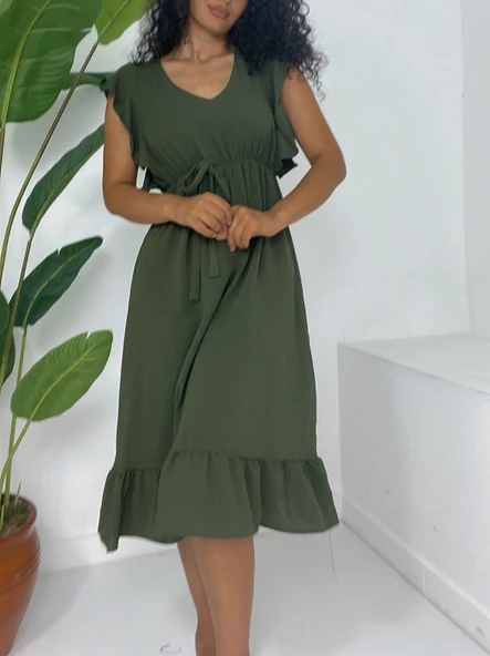 Omuzu Fırfırlı Beli Lastikli Sıfır Kol Midi Boy Ayrobin Elbise  -Haki ürün görseli 1