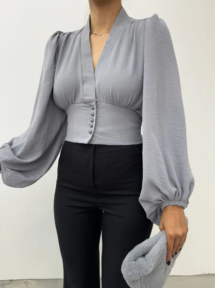 Düğmeli Arkası Lastikli Balon Kol Sandy Crop    -Gri - Resim 5