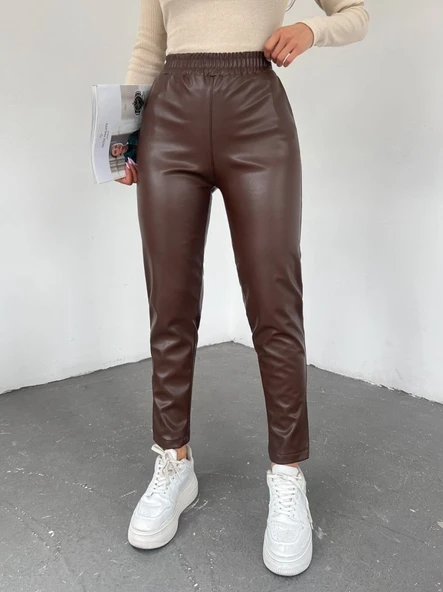 Beli Lastikli Deri Pantolon -Kahve ürün görseli 1