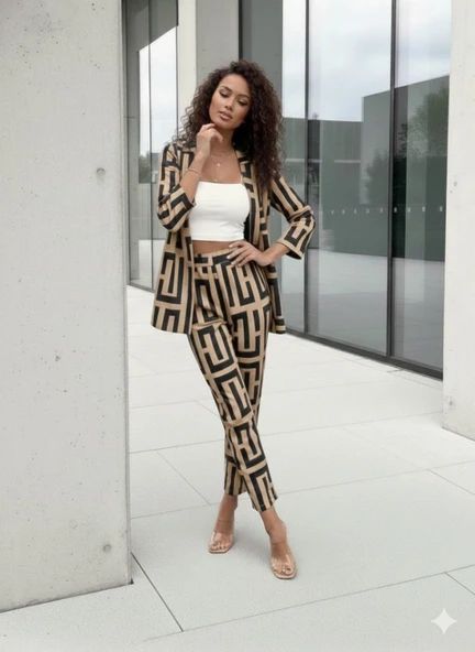 Kadın Uzun Kollu önü Açık Desenli Iki Iplik Ceket Ve Pantolon Ikili Takım - Resim 10