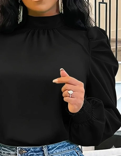 Kadın Uzun Kollu Balıkçı Yaka Arkadan Bağlamalı Omuzlardan Balon Ithal Krep Bluz - Resim 2