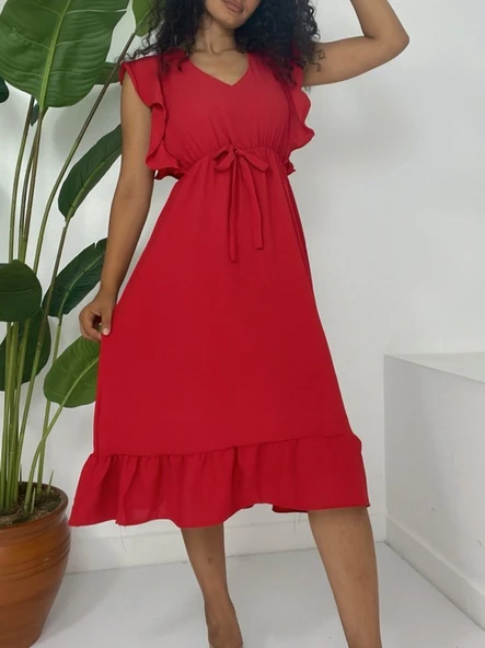Omuzu Fırfırlı Beli Lastikli Sıfır Kol Midi Boy Ayrobin Elbise  -Kırmızı ürün görseli 1