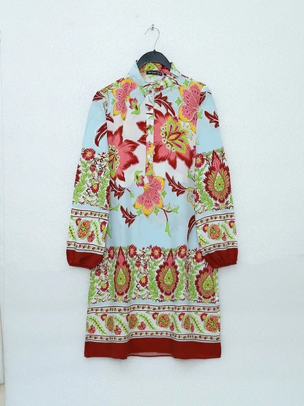 Çiçek Desenli Yarım Düğmeli Pamuk Viskon Tunik -Kiremit ürün görseli 1