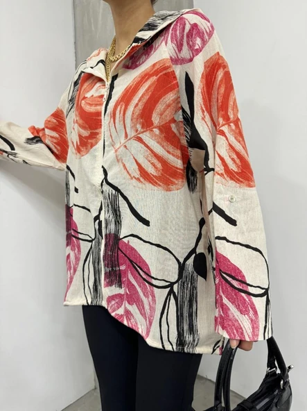 Desenli Fermuarlı Sabit Kapşonlu Keten Ceket -Turuncu ürün görseli 1