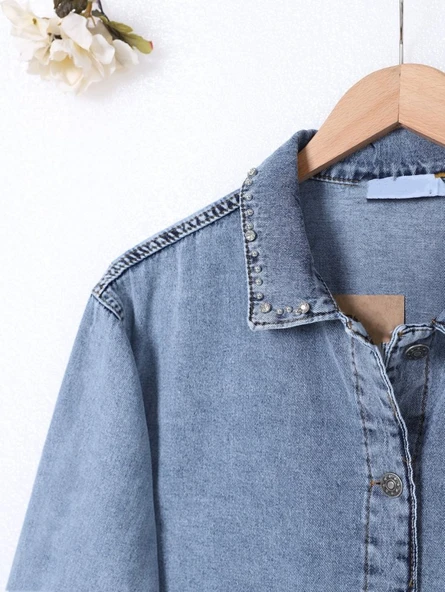 Yaka Ve Ceplerinde Taş İşlemel Kot Ceket -Buz Mavi - Resim 2