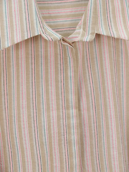 Arkası Uzun Kabartma Çizgili Oversize Gömlek -Vizon - Resim 2