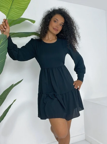 Yuvarlak Yaka Beli Lastikli Eteği Katlı Ayrobin Elbise -Siyah - Resim 2