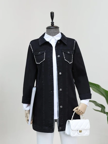 Cebi Ve Omuzları İncili Random Yıkama Kot Ceket -Siyah - Resim 4