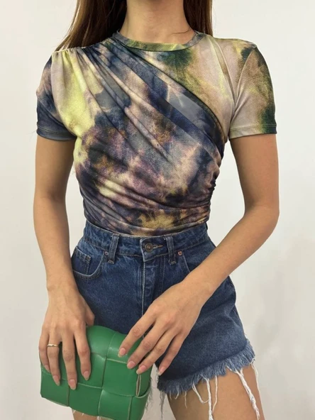 Bel Omuz Büzgülü Batik Baskı Sendy Bluz  -Yeşil ürün görseli 1