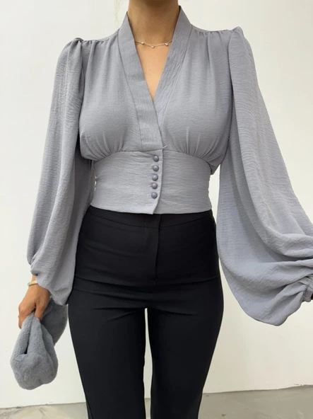 Düğmeli Arkası Lastikli Balon Kol Sandy Crop    -Gri - Resim 2
