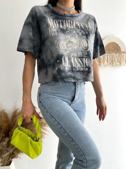 Motosiklet Baskılı Yıkamalı Crop Tişort -Gri ürün görseli 1