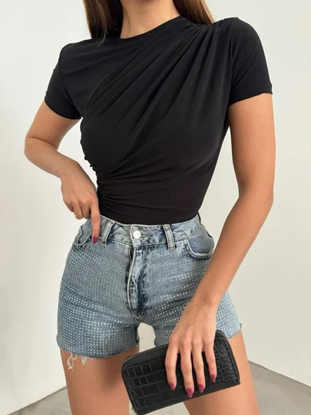 Çapraz Büzgülü Kısa Kol Sandy Bluz  -Siyah ürün görseli 1