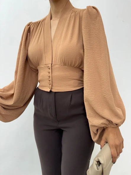 Düğmeli Arkası Lastikli Balon Kol Sandy Crop     -Vizon - Resim 7