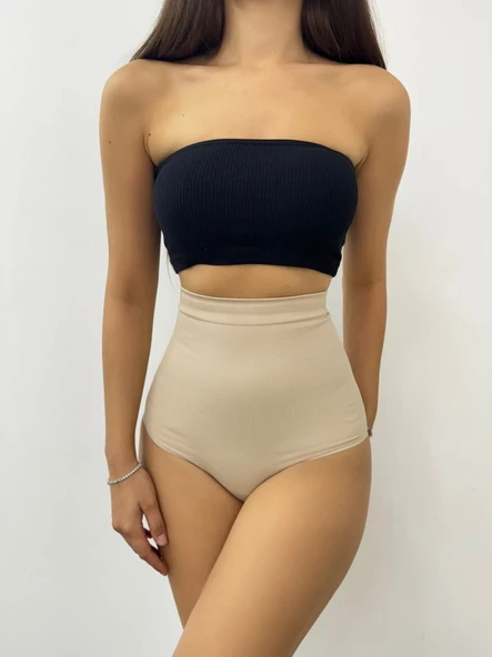 Silikonlu Uzun Bel Slip Korse -Krem - Resim 2